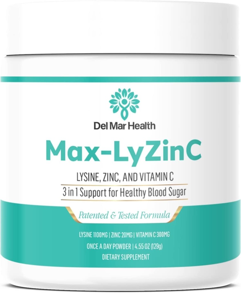 Max- LyZinC 124; L- Lysine 1100 mg + Cynk 6 mg + Witamina C 100 mg - 3- in-1 Suplement do utrzymania cukru we krwi już w zdrowym zakresie - 1-Scoop- na dzień proszek