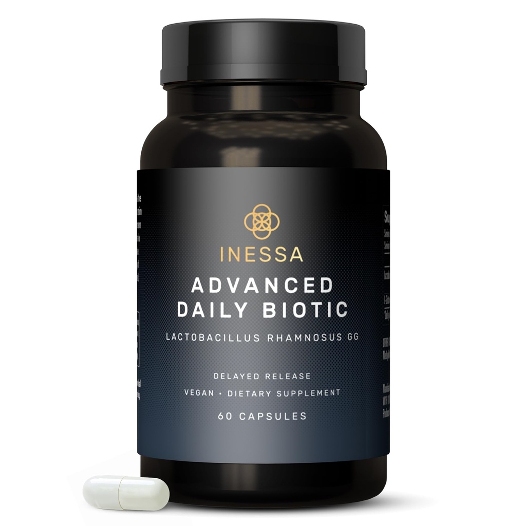 Inessa Daily Biotic - Probiotyka dla Kobiet Digestive Health z opóźnioną technologią uwalniania - Advanced Probiotic z 10 Miliard CFU - Lactobacillus Rhamnosus Strein 60 Kapsułki wegańskie dla mężczyzn i kobiet