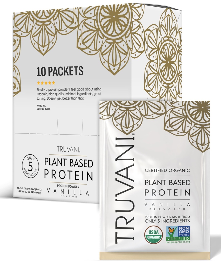 Truvani Vegan Pea Protein Powder Building 124; Vanilla Building 124; 20g Organic Plant Based Protein 124; Single Serving Travel Pakiety 124; 10 Sług Building 124; Keto Building 124; Gluten & Dairy Free 124; Niskie węglowodory 124; Nie Dodano cukru
