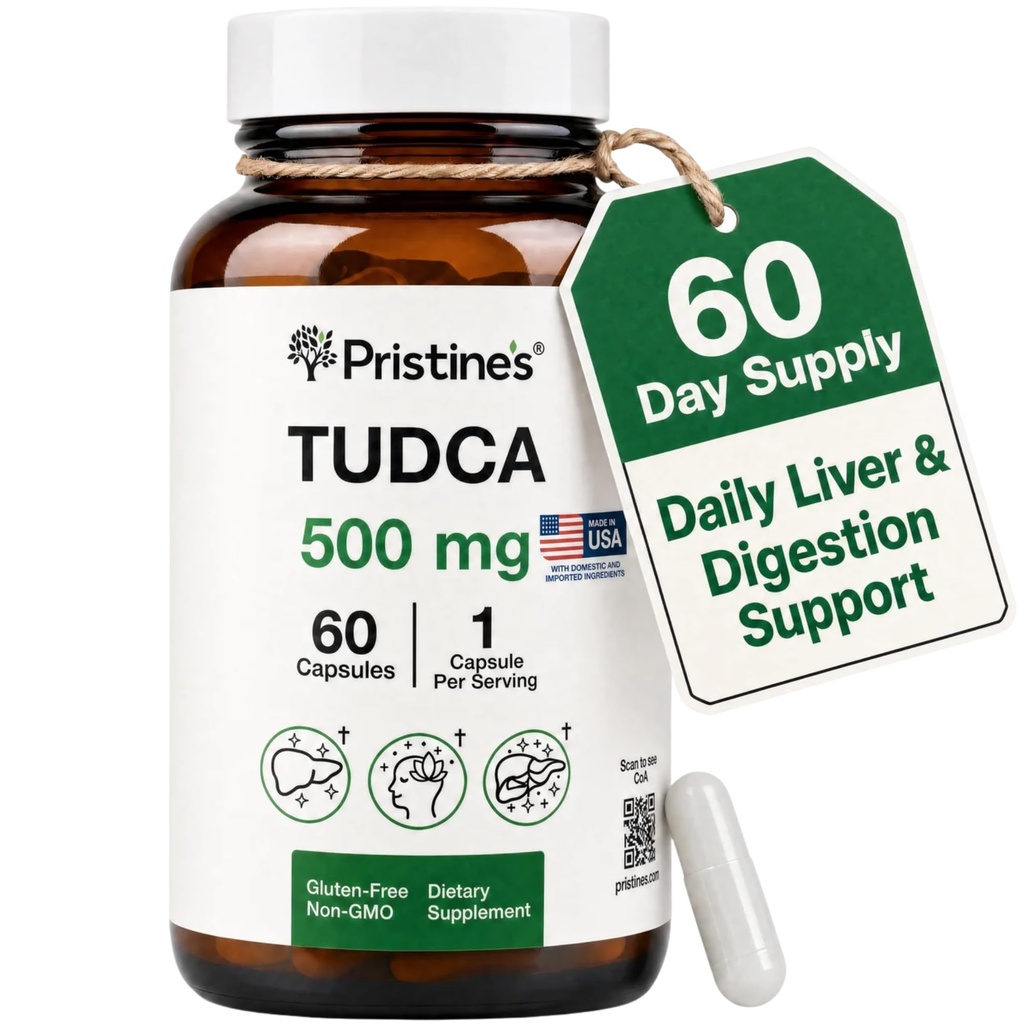 PRISTINE'S TUDCA 500MG Supplement Capsules - Liver, Bile Flow & Digestive Support - 60 Day Supply - Detox and Cleanse Support Supplement - 3rd Party Tested - Glass Bottle - Gluten Free Non GMO