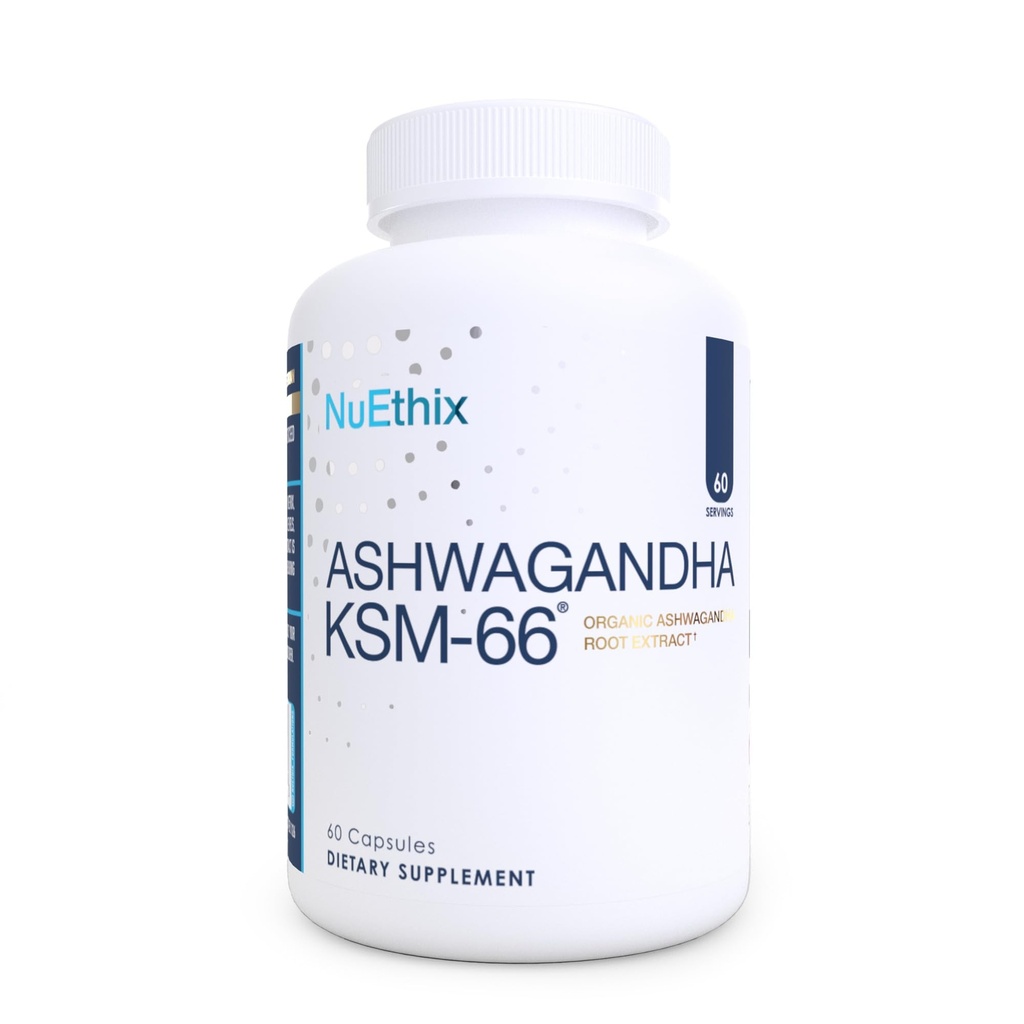 NuEthix Kombinacje Ashwagandha KSM 66, 500mg KSM- 66 Ekstrakt korzeniowy, Nastrojenie, Stres, & Wsparcie Cognitive, BioPerine Black Pepper Extract, Gluten Free, Wegetarianin, Non-GMO, & Dairy Free, 60 Servings