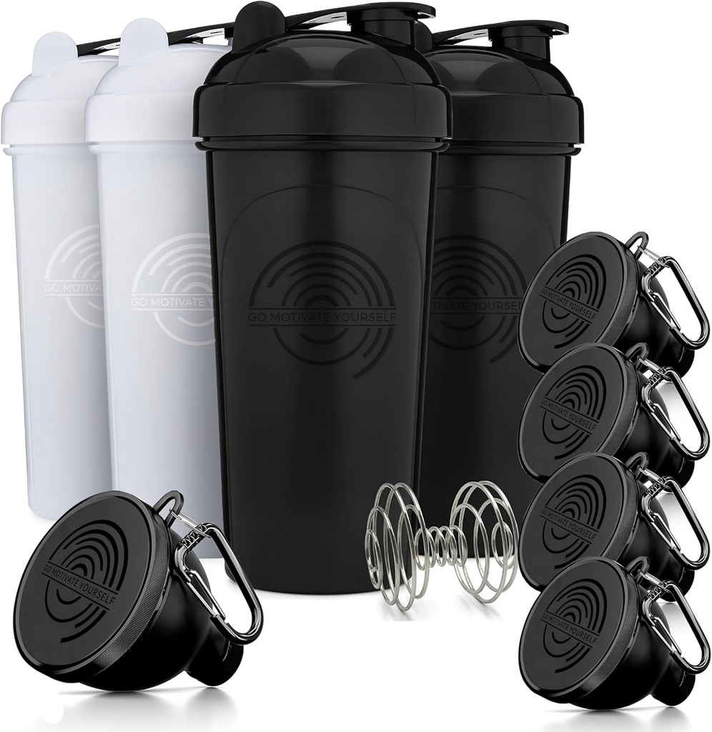 GOMOYO Fitness Bundle - 4- Pack Shaker Butelki z Agitator + 5- Pack Protein Funels z Carabiner, BPA- Free & Zmywarka Sejf