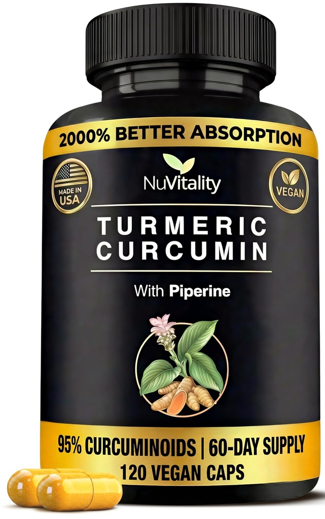 Kurkumina kurkumina z ekstraktem z czarnego pieprzu (Piperyna) - 120 Kapsułek tumerycznych - Premium 95% Kurkuminoidy znormalizowane - Wysoka Absorpcja i Moc - Suplement Joint Support