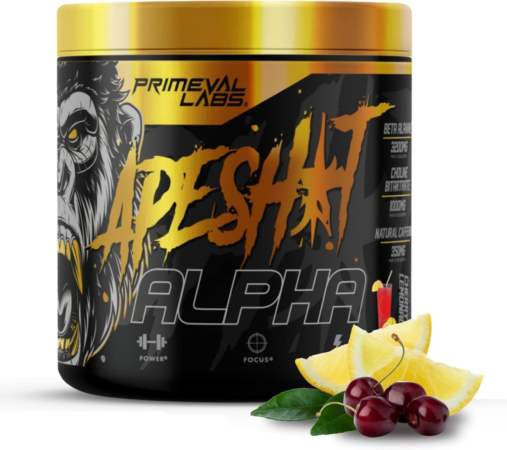 Primeval Labs Ape Alpha Natural Pre Workout dla mężczyzn i kobiet 124; Zwiększ wytrzymałość i ostrość 124; 350mg Capine Powder Building 124; Beta- Alanine Building 124; L citrulina 124; Azoksyd azotu Booster 124; Cherry Lemonade, 40 Servings