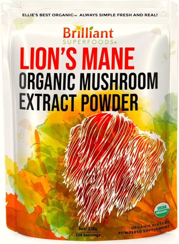 Ellie 's Best Lions Mane Mushroom Extract Powder Supplement Organic 228 Servings - Double Extracted for Highgest Potency - Roztwory w Kawie, Herbata, Sok itp. 8oz