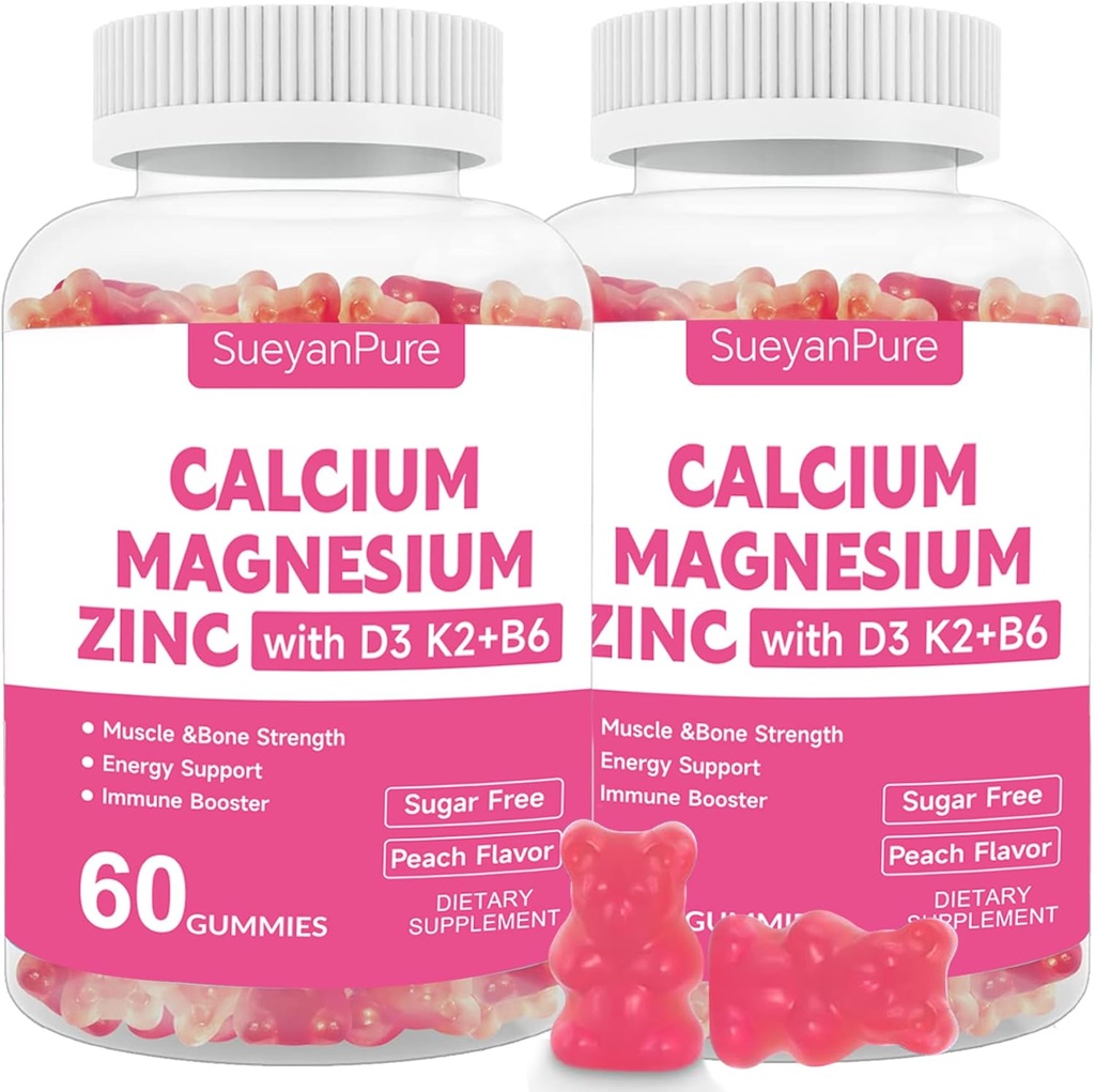 Bezcukrowe Gummeje Magnezu Cynk z Gummejami VC D3 & B6 & K2,600mg Gummeje wapnia z 300 mg Magnezu Wsparcie kości i mięśni dla dorosłych i młodzieży (60 Count (Opakowanie po 2))