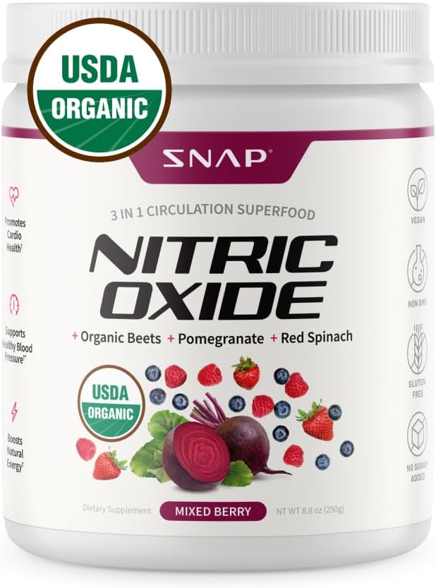 Suplementy Snap USDA Organic Beet Root Powder, 3- in-1 Suplement tlenku azotu, Wsparcie zdrowe ciśnienie krwi i krążenie krwi, 250g (Mieszane Berry)