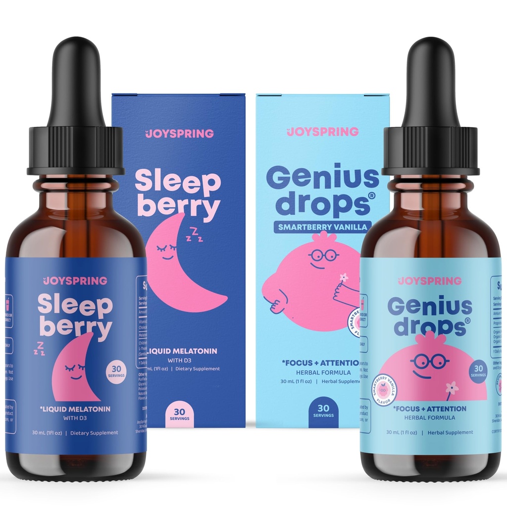 JoySpring SleepBerry Liquid Melatonin i Genius Drops Smartberry Vanilla dla dzieci