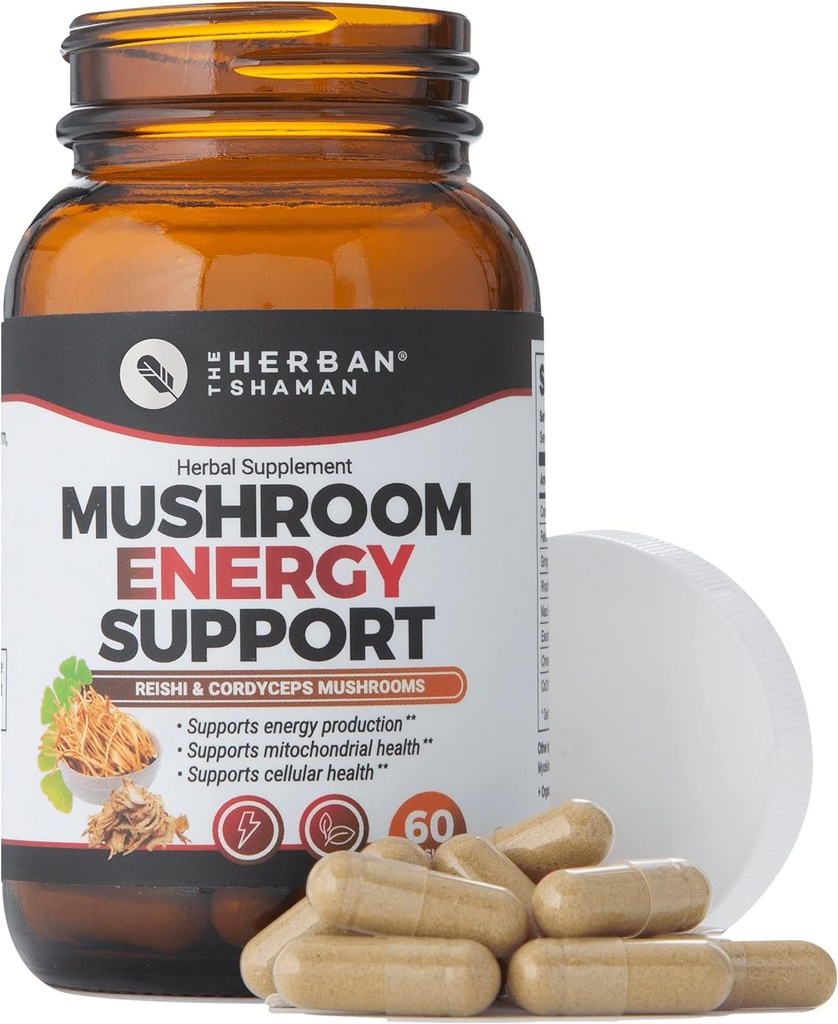 Mushroom Supplement Energy Support | Organic Mushroom Herbal Capsules with Reishi, Ginkgo, Rhodiola, Maca, Chinese Ginseng, CoQ10 + More (60 Capsules)