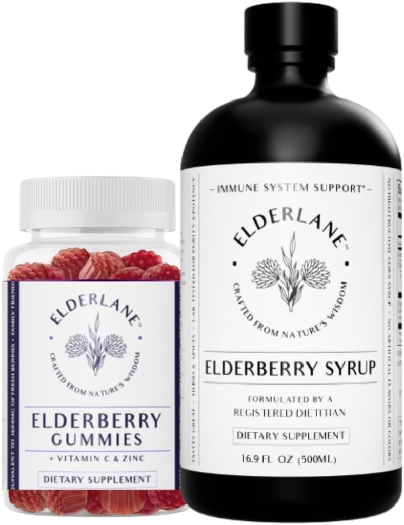 Elderlane Elderberry Syrup i Elderberry Gummies - Dawniej RD Naturals - Suplement immunologiczny dla dorosłych i dzieci - 16.9 Oz Syrop i 60ct Gummies