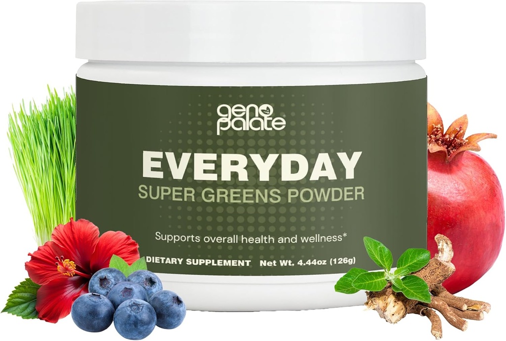 GenoPalate Codziennie Super Zielone, Plant- Based Nutrigents z Barley Grass, Spirulina, Turmeric & Probiotyki, Wsparcie energii, Trawienie, Przeciwutleniacze & Stress, Wegan, Gluten- Free, Non-GMO, 30 Służenie