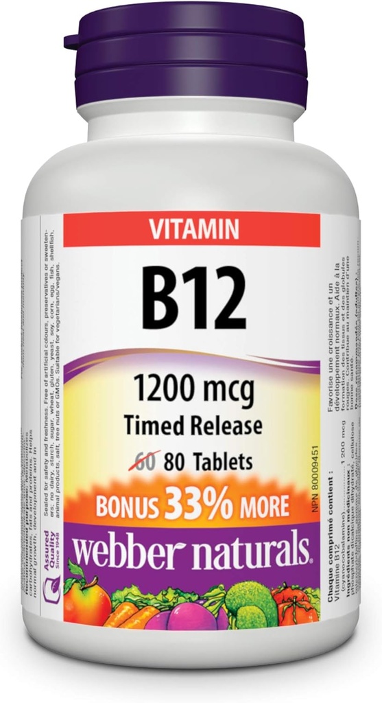 Webber Naturals Witamina B12 Wyposażone w płytkę 1200mg 80 tabletek