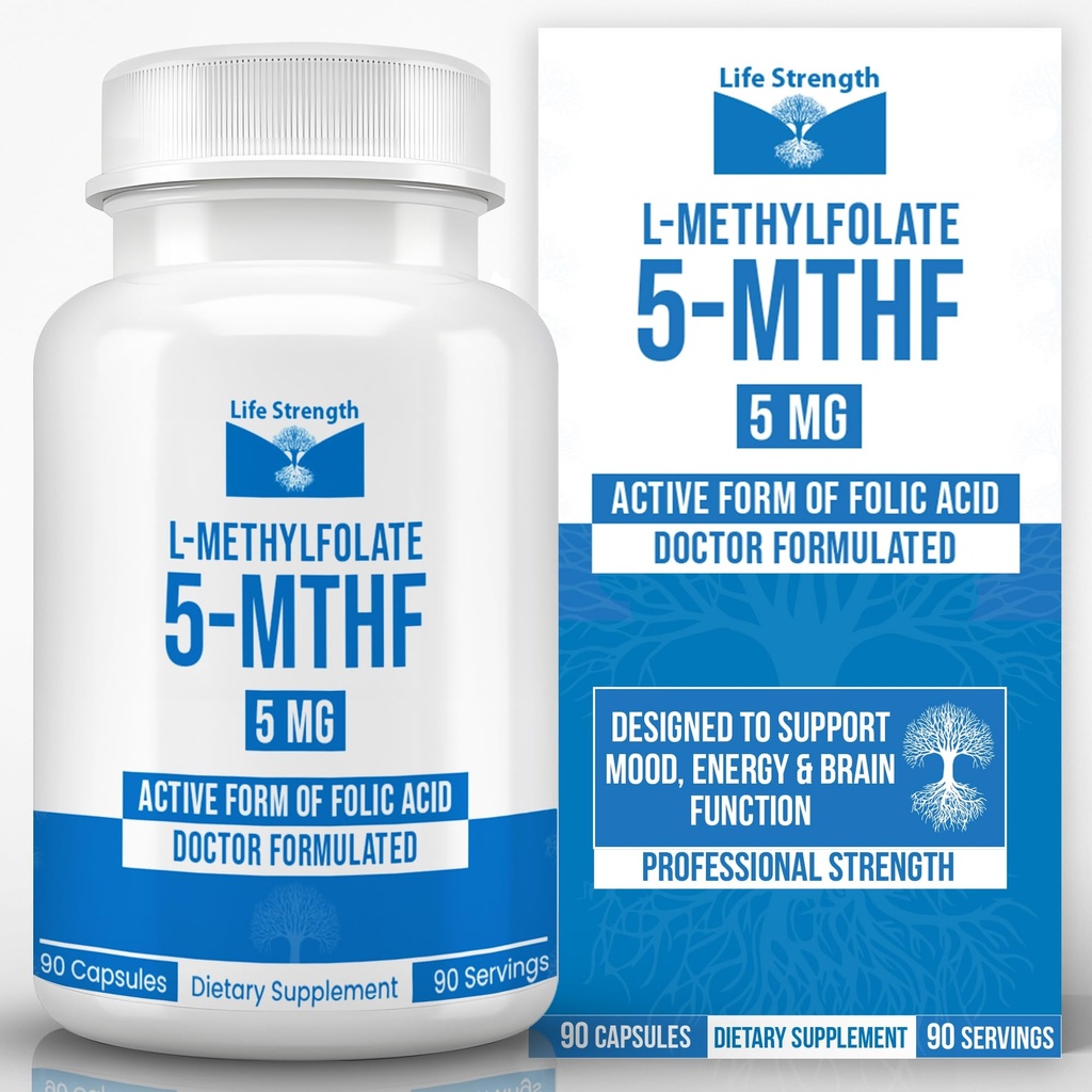 L- Metylofolat 5 MG, Zoptymalizowany i wysoce bioaktywny folian metylowy, Suplement 5-MTHF do nastrojów i wsparcia immunologicznego, Natural Diet Supplement for Energy, Non-GMO & Gluten- Free, 90 Kapsułki