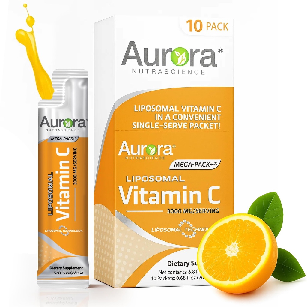 Aurora Nutrascience Mega- Pack Liposomalna Witamina C, Wsparcie immunologiczne, 3000 mg na Podawanie, Wegan, Gluten Free, Non-GMO, 10 Jednoporcjowe opakowania, Pomarańcza