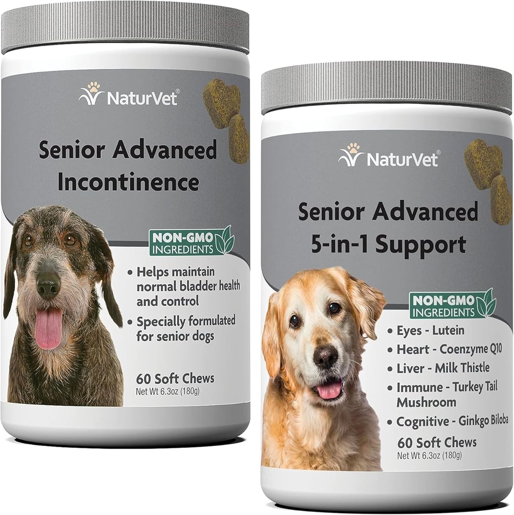 NaturVet Senior Advanced Ininterstance Dog Supplement - Pomaga w obsłudze psa Bladder Control Normalne oddawanie moczu - 60 Ct. Soft Chews - Senior Advanced 5- in-1 Supplement Dog Supplement - 60 Soft Chews