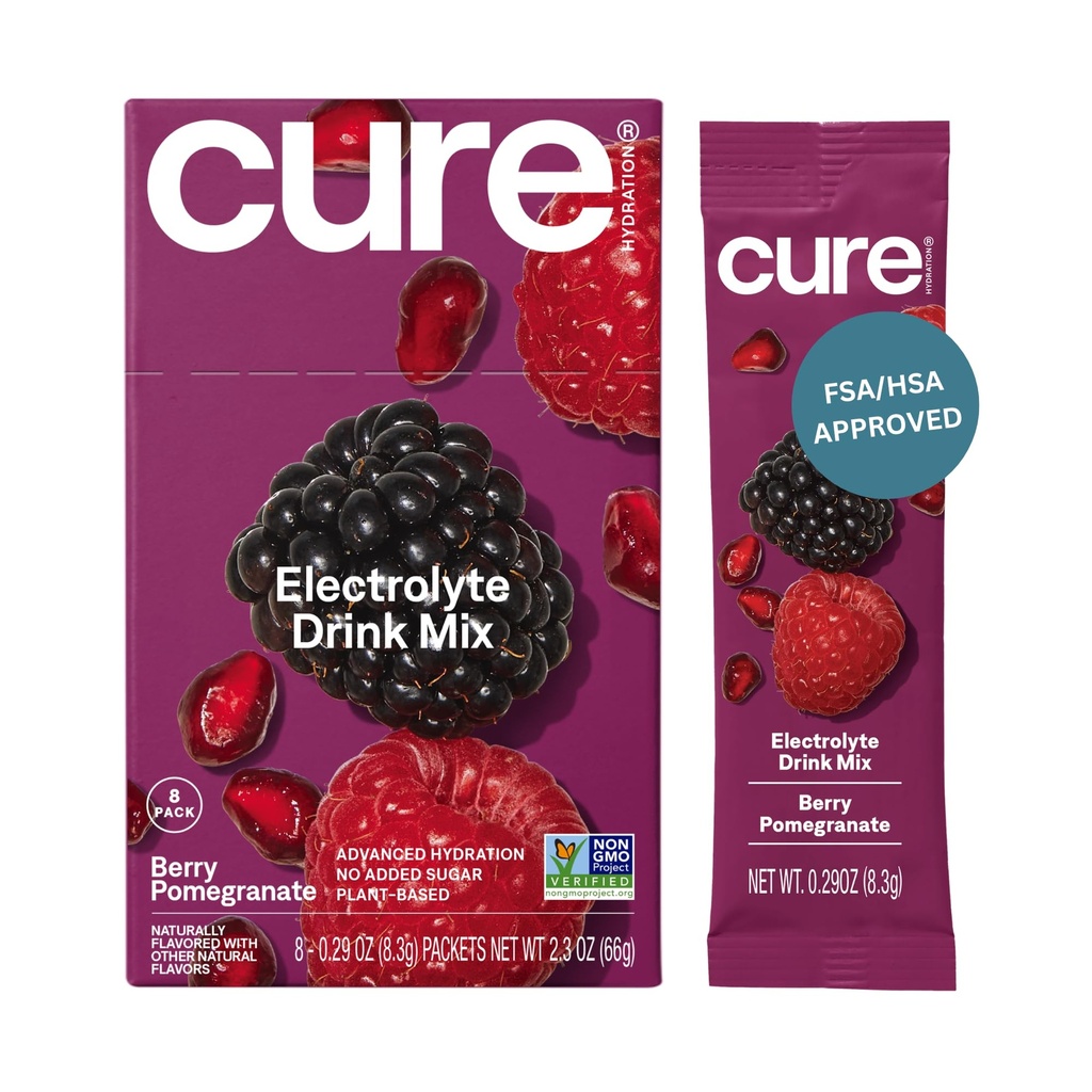 Cure Hydration | Plant-Based Electrolyte Drink Mix | No Added Sugar | FSA-HSA | Dehydration Relief Powder Made with Coconut Water | Non-GMO | Vegan | Box of 8 Packets - Berry Pomegranate