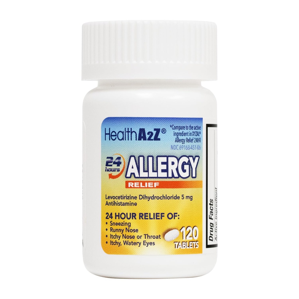 HealthA2Z ® Allergy Relief Adrenance 124; Levocetirizine Dichlorowodorek 5 mg Adrenalina 124; 24 Hours Adrenalina 124; Antihistamina Adrenalina 124; Relief from Sneezing, Runny Nose, Itchy Nose and Eyes (120 Counts)