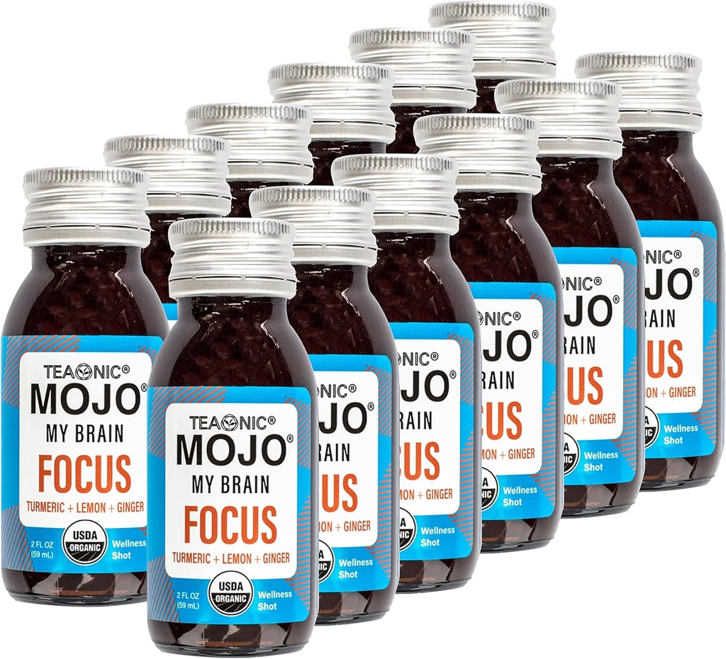 TEAONIC Mój mózg Mojo: Focus Wellness Shots - USDA- Certified Vegan Formula z Ginkgo Biloba, Ginger, Turmeric - 12 butelek x 2 Fl Oz Każdy - Gluten- Free, Non-GMO