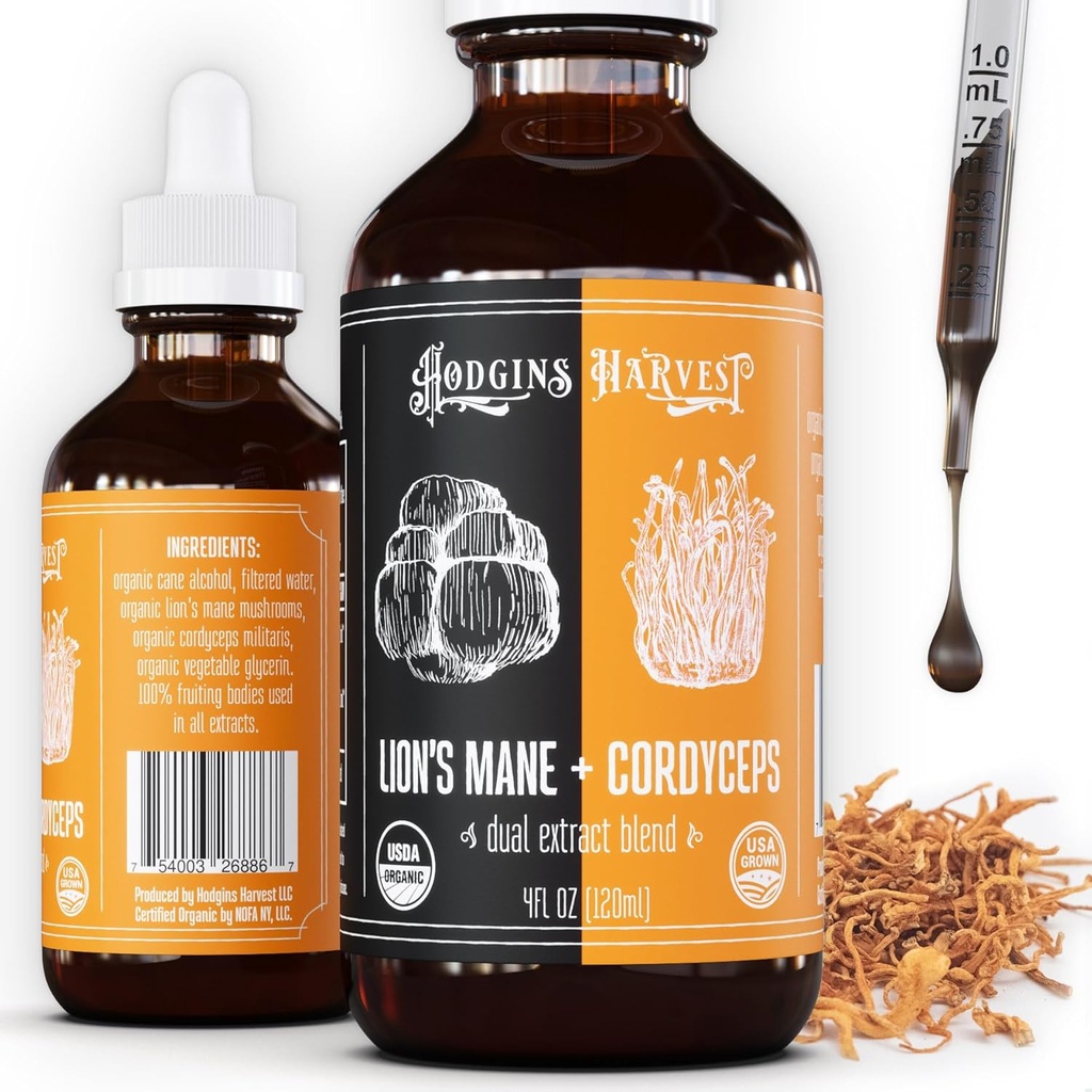 Hodgins Harvest Organic Lion 's Mane + Cordyceps Tincture 124; Made with Mushrooms Grown On Our Farm in The USA 124; Dual Extract Building 124; Extra- Concentrated (4 fl oz)