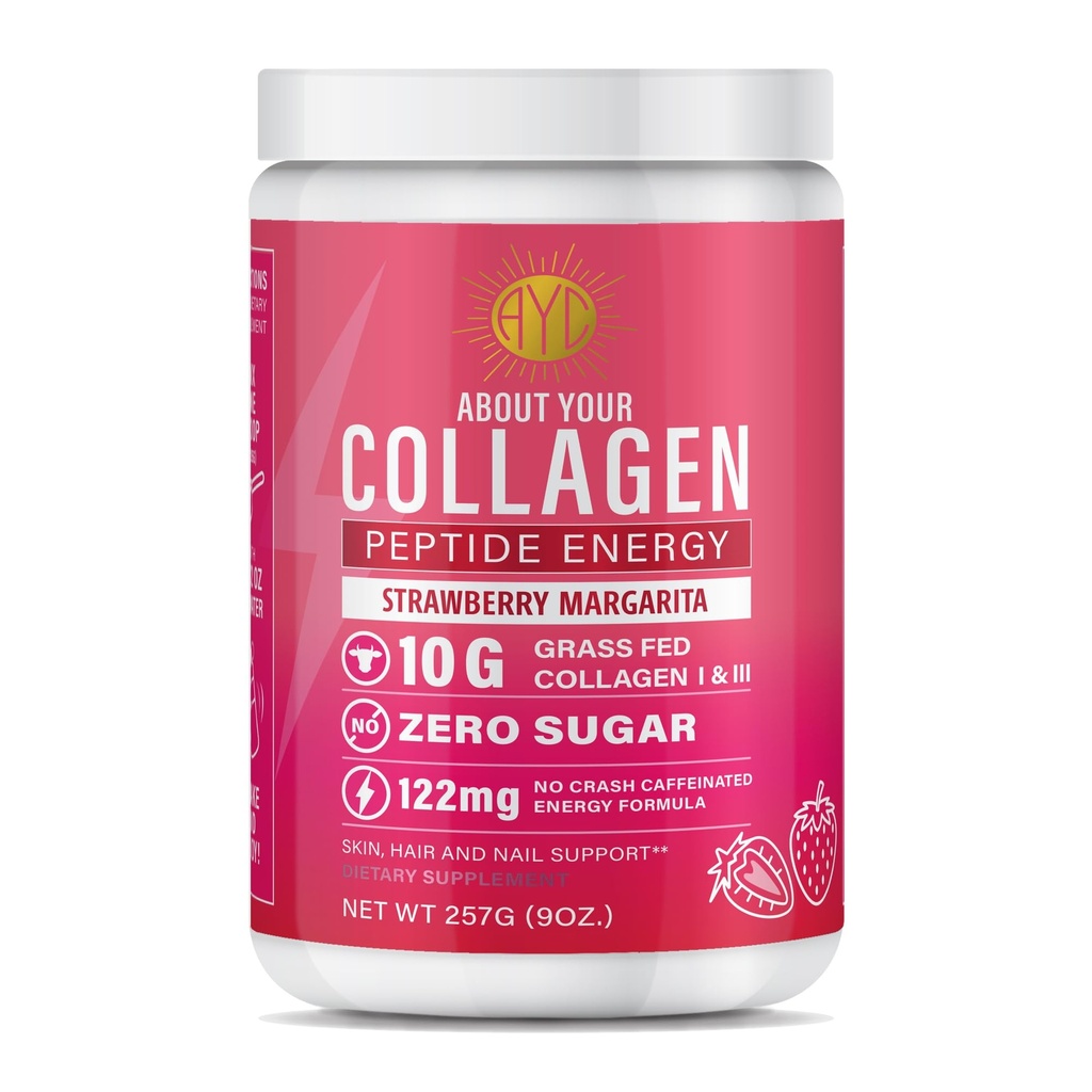 Peptyd Energy Collagen Proszek włosy, paznokci, skóry, typu I & III, kofeina dla energii, Witamina C, Biotyna, Kwas hialuronowy, Zero cukru - 8.92 oz (Strawberry Margarita)