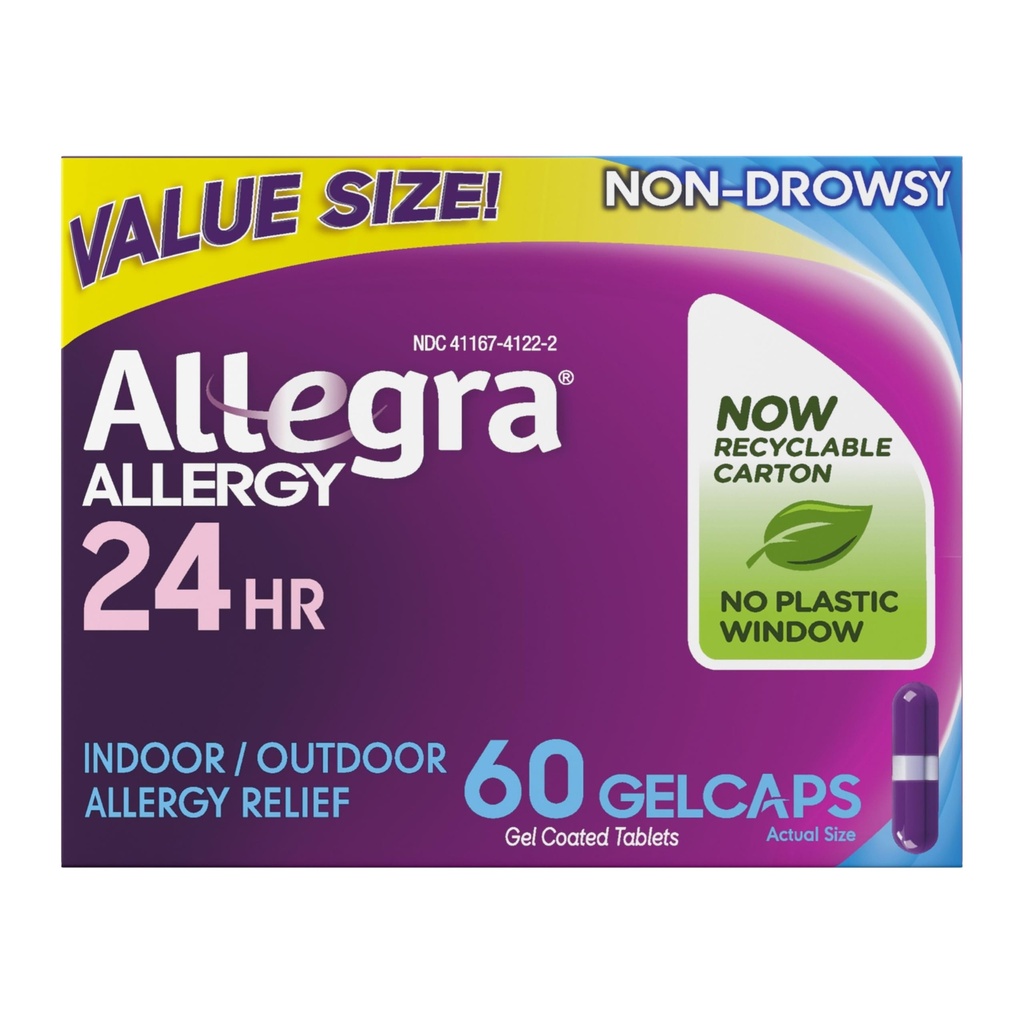 Allegra Adult 24- godzinna ulga alergiczna Gelcaps, Non- Drowsy Indoor and Outdoor alergy Medicine, 180 mg Fexofenadyna HCI Antihistamine Pill, 60- Count