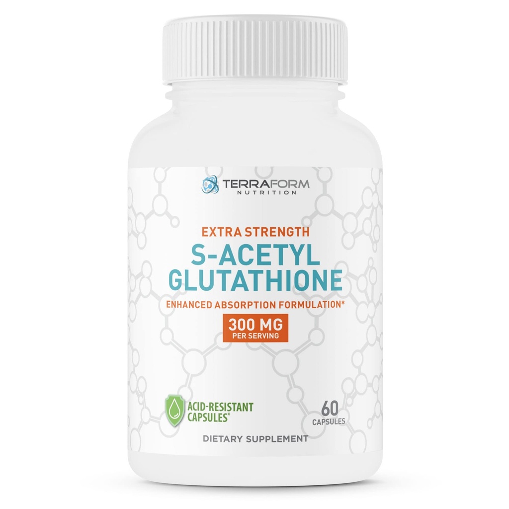 TerraForm Nutrition Extra Strength S- Acetyl Glutathione 300mg - 60 Acid- Resistant Capsules - Premium Glutathione Supplement - Wysoce Biodostępny i Stabilny Suplement SAG - Made in USA