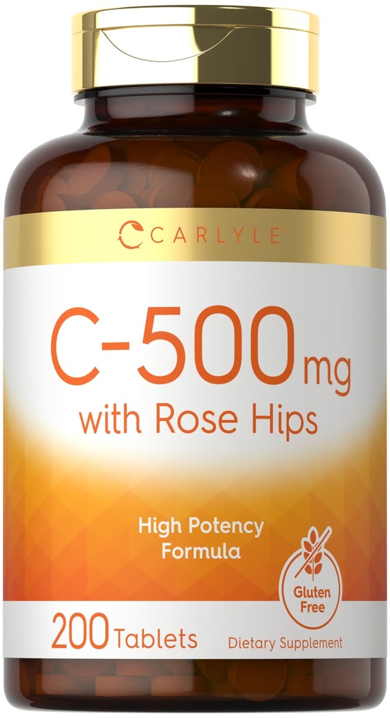 Witamina C Carlyle z Rose HIPS 500mg XI124; 200 Tabletki XI124; Wysoka moc Formuła XI124; Wegetarian, Non-GMO i gluten