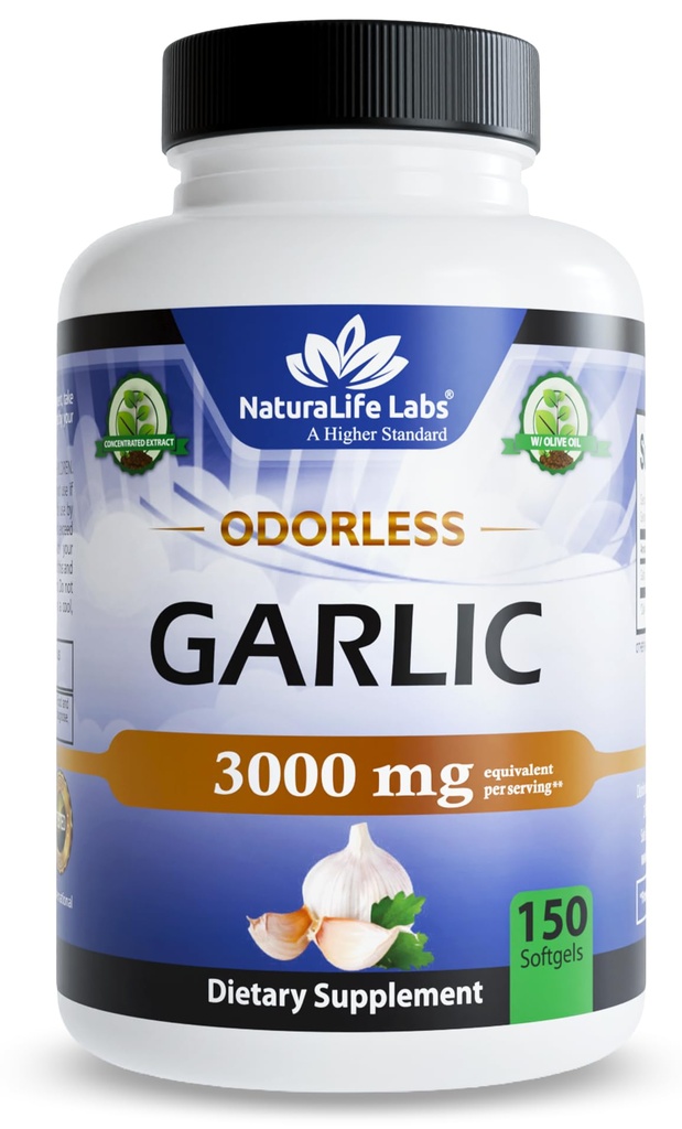 NaturaLife Labs Czosnek bezogonowy - 3000 mg Równoważny dla serwowania - 150 Softgels - Skoncentrowany ekstrakt czosnkowy Bulb z organiczną oliwą z oliwek - Non-GMO, Gluten- Free