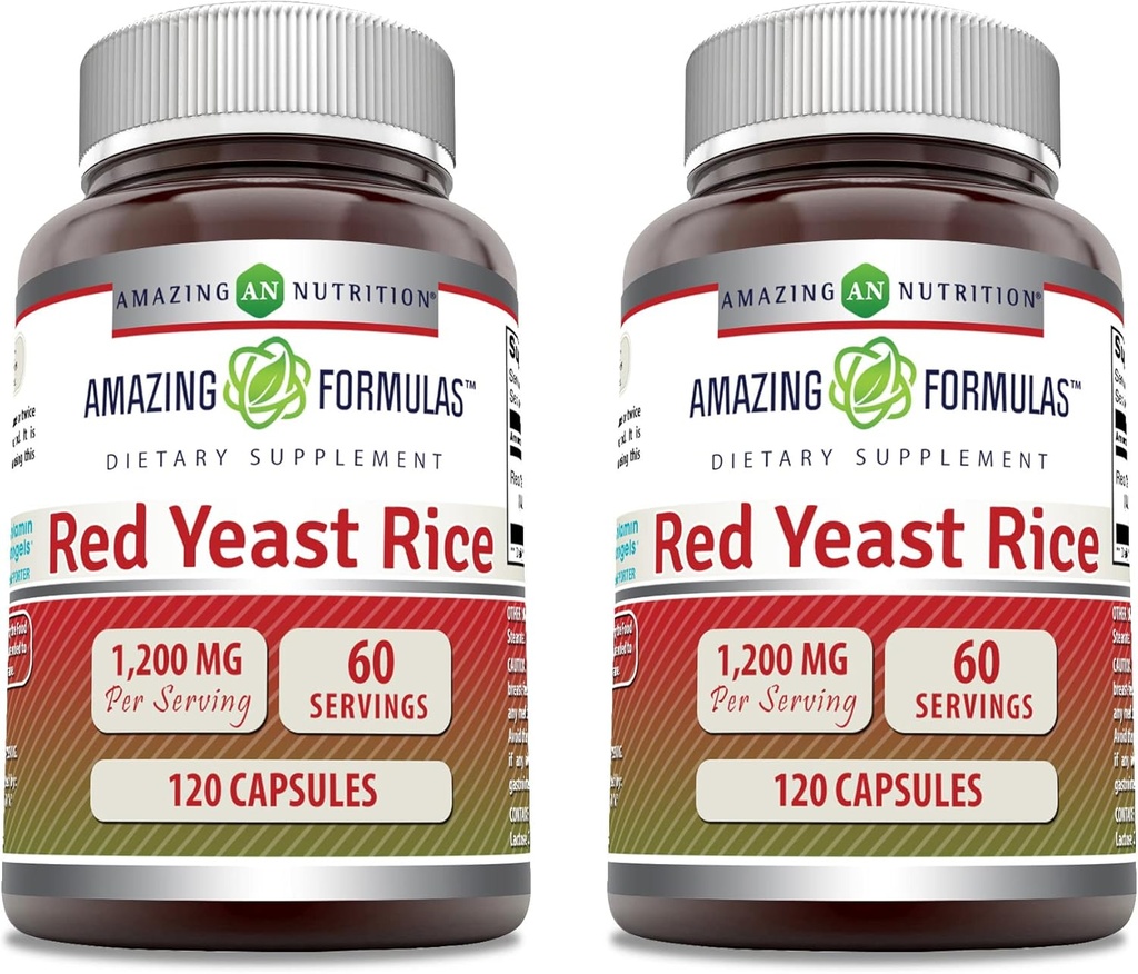 Amazing Formulas Red Yeast Rice 1200mg Per Serving Capsules Supplement Amend124; Non- GMO Amend124; Gluten Free Amend124; Made in USA (120 Count Astrad124; 2 Pack)