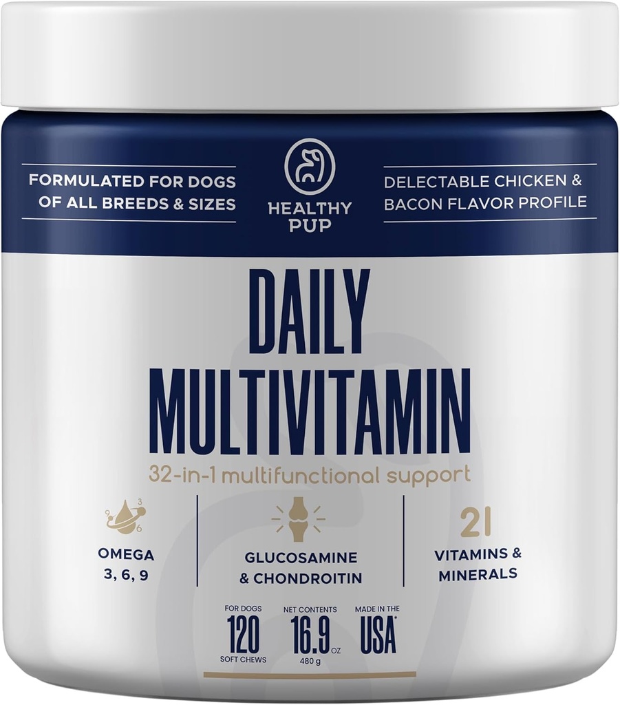 Dog Multivitamin Supplement - 120 Soft Chew Dog Vitamin i suplementy z Omega, Probiotyki, Glukozamina i więcej - dla małych, dużych i starszych psów
