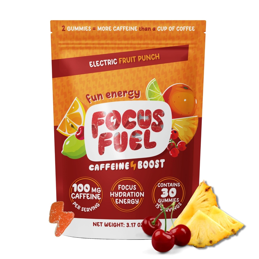 FocusFuel Energy Chews - Fruit Punch Flavor (15 Servings) - 100mg Caffein + L- Theanine + B12, Magnez - Boost Focus & Energy - No Crash lub Jitters