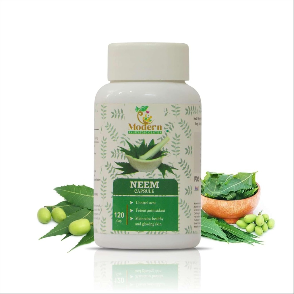 Nowoczesne Ayurvedic Center Organic Neem 120 Kapsułki Wspiera kontrolę trądziku, Ochrona przeciwutleniaczy, Zdrowe i świecące skóry Czysty Neem (Azadirachta Indica) Suplement do Naturalnego Wellness