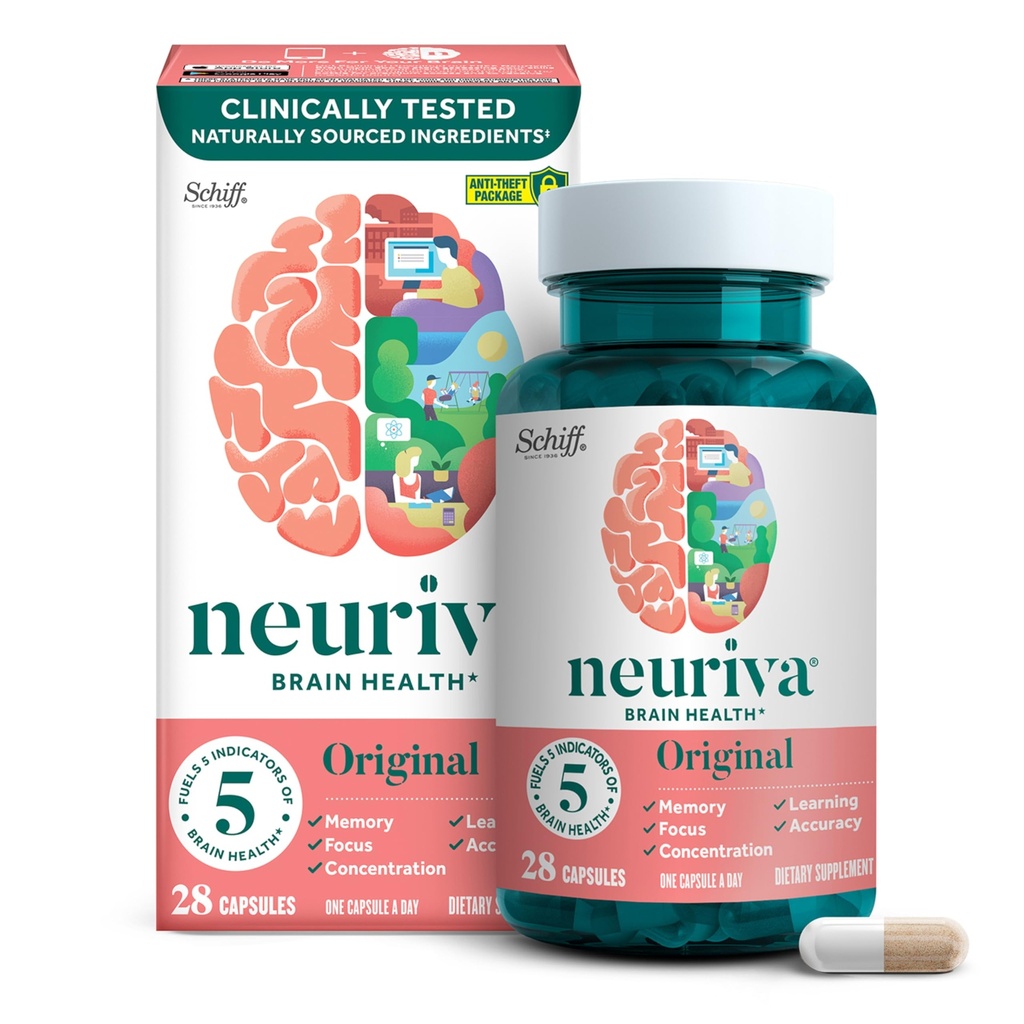 NEURIVA Original Decaffeided Clinically Tested Nootropic Brain Supplement for Memory, Focus & Concentration, NeuroFactor & Phosfatidylserine, 28ct kapsułki