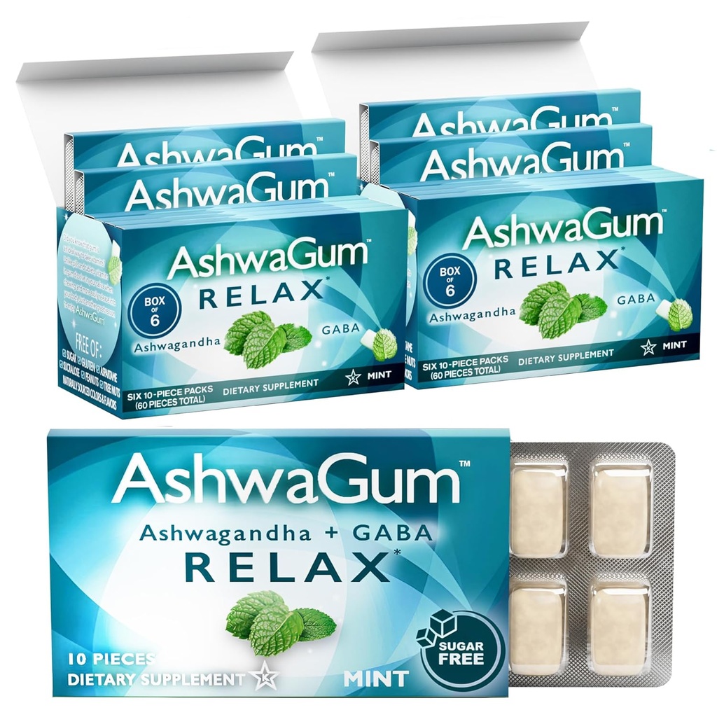 AshwaGum RELAX Gum przez BetterGum, High Potency Supplement z KSM 66 Ashwagandha i Gaba, Wsparcie Stress i Tension Relief, Alternatywa dla Gummies, Cukier-Free, Opakowanie 2