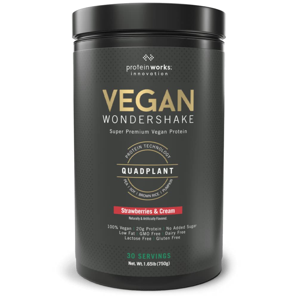 Protein Works - Wegański Wondershake 124; Wegański Protein Shake 124; Super Gładki, Niesamowity Smak 124; 30 Służenie 124; Truskawki i śmietanka