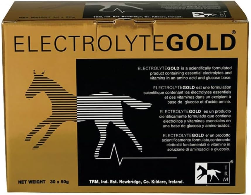 TRM Electrolyte Gold Performance Horse Feed Supplement for Electrolyte Replenishment Equipment 124; Combats Fatigue Equipment 124; Contains Vitamin C & E - 30 Qty x 1,76 oz (30 Qty x 50g) - 30 Qty x 1,76 oz