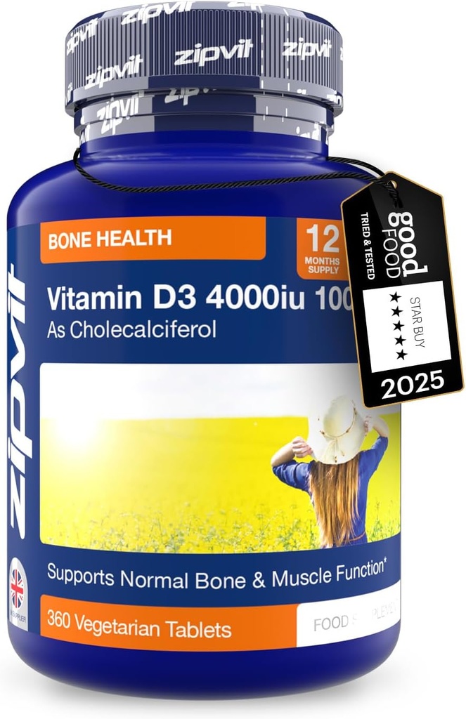 Zipvit Witamina D3 4000iu x 360 Tabletki - Witamina D o wysokiej mocy 124; Wspomaga funkcję kości i mięśni - Utrzymuje system immunologiczny 124; Wegetarianin - 12 miesięcy dostaw