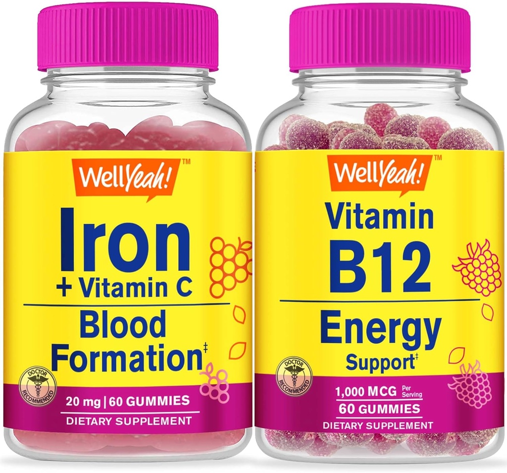 WellYeah Żelazo + Witamina C + Witamina B12 1000mcg, Gummies Bundle - Wielkie degustacje, Suplement witaminy, Gluten wolny, GMO wolny, Gummy do żucia