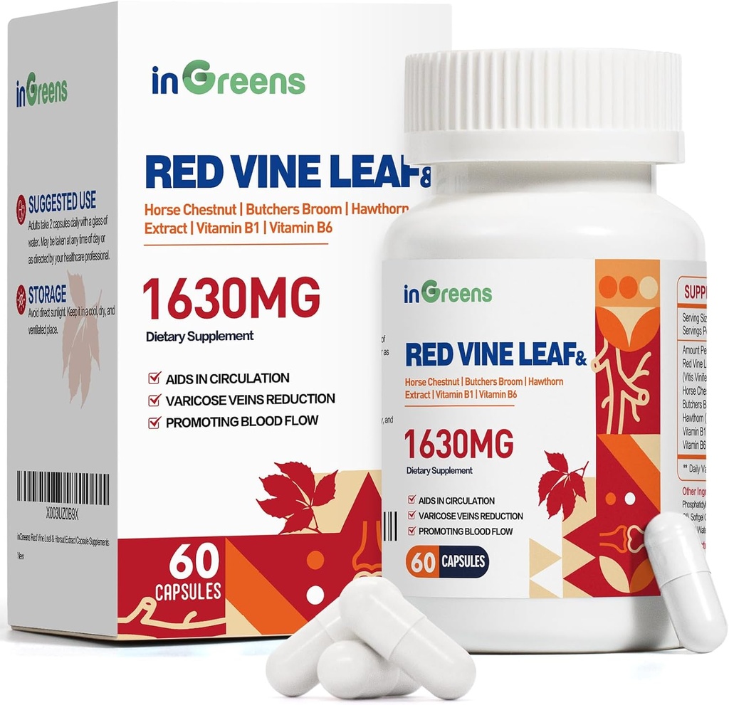 Ekstrakt Red Vine Leaf 1630mg z kasztanowca końskiego, Broom rzeźnika, suplement Hawthorn dla żylaków, Noga, cyrkulacja, Serce, Skóra, Wsparcie dla zdrowia serca, Made in USA, 60 Kapsułki