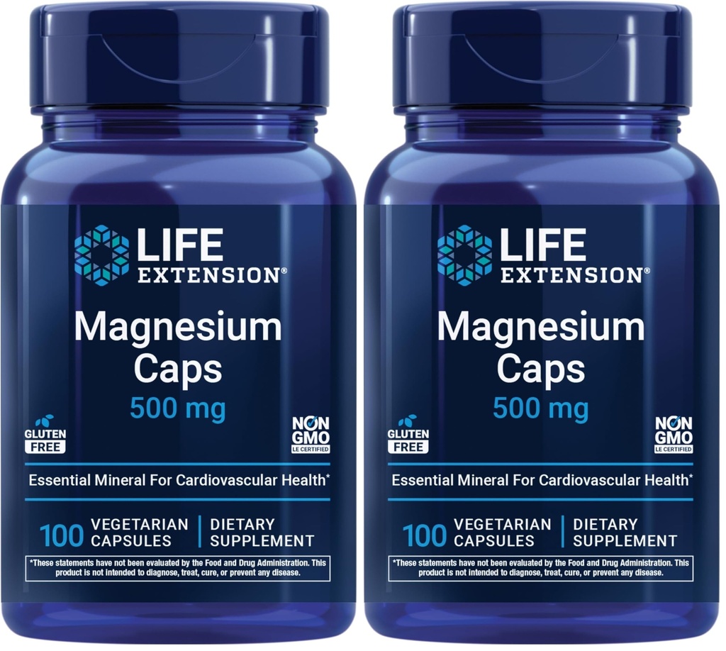 Przedłużenie życia Magnezu Czapki, 500 mg, Magnezu tlenek, Cytrate, Sukcynat, Heart Health, Zdrowe kości, Wsparcie metabolizmu, 100 Kapsułki wegetariańskie (Opakowanie 2)