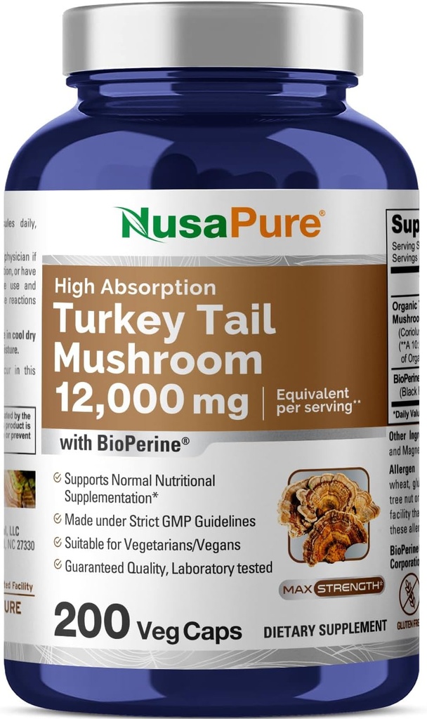 NusaPure Turkey Tail Mushroom Capsules, 10: 1 Extract, 1200 mg Ekwiwalent 12,000mg, 200 Vcaps, Non-GMO, Gluten Free, Bioperine