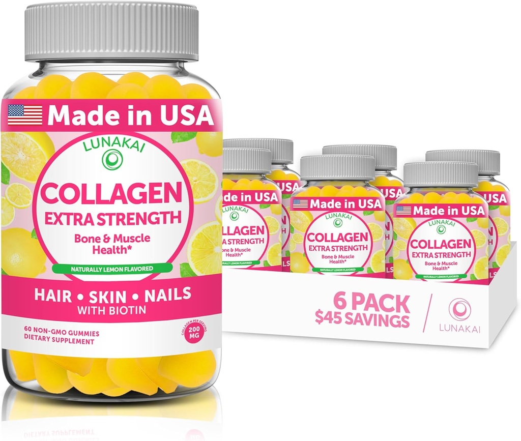 Lunakai Collagen Gummies - Najsmaczniejszy Proprietary Formuła - 200mg Zhydrolizowane Gummeje Collagen dla kobiet i mężczyzn z biotyną, cynkiem, witaminą C i E - NieGMO Anti Aging Supplement for Women - 6 Pack