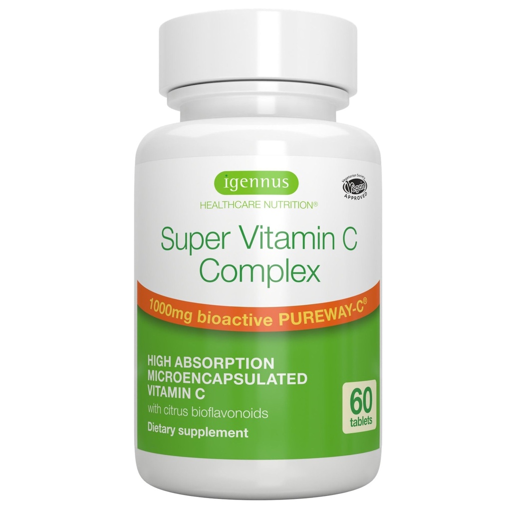 Igennus Wysoka absorpcja Super Witamina C, Czyste etykiety Pureway- C 1000mg, Witamina C wegańska z bioflawonoidami, 60 Służenia, 24-godzinna akcja, Immune Health, Energia, Serce i Mózg