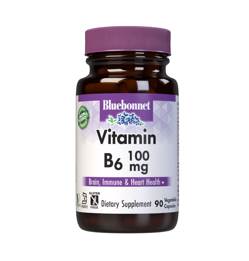BlueBonnet Nutrition Witamina B 6 100 mg Energia Witaminy dla Kobiet i Mężczyzn - System nerwowy Immune & Heart Health Supplement - Non- GMO, Wegan, Gluten- Free - 60 Kapsułki roślinne