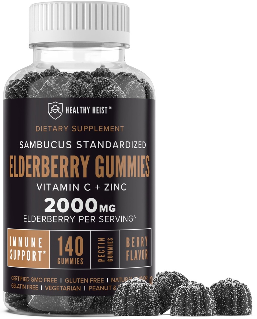 Sambucus Czarne żeberka z cynkiem i witaminą C, 140 gumek, żute immunologiczne wsparcie dla dorosłych i dzieci, Nie GMO, Kosher, Pectin, Wegan, Pyszny aromat jagodowy