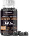 Sambucus Czarne żeberka z cynkiem i witaminą C, 140 gumek, żute immunologiczne wsparcie dla dorosłych i dzieci, Nie GMO, Kosher, Pectin, Wegan, Pyszny aromat jagodowy