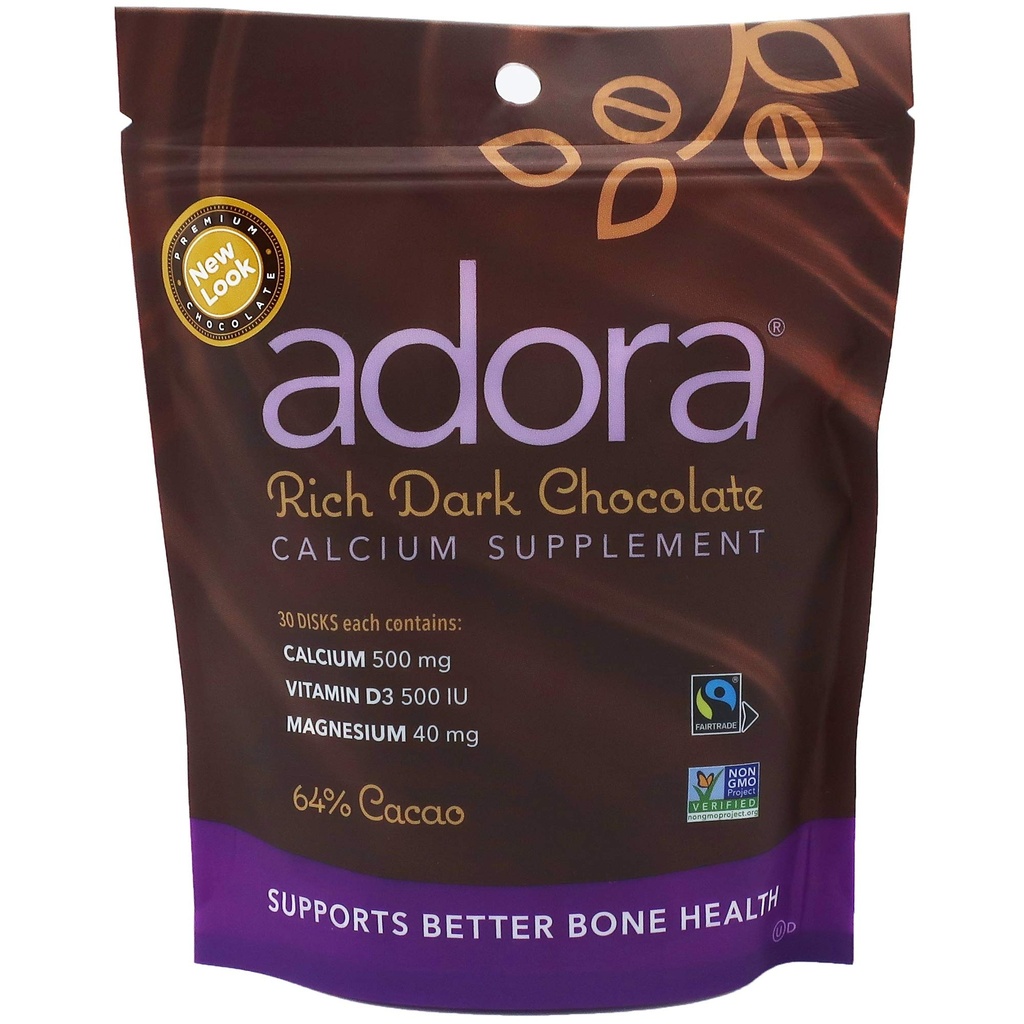 Adora suplement wapnia, Fairtrade ciemna czekolada, pojedyncze opakowanie - 30 szt.