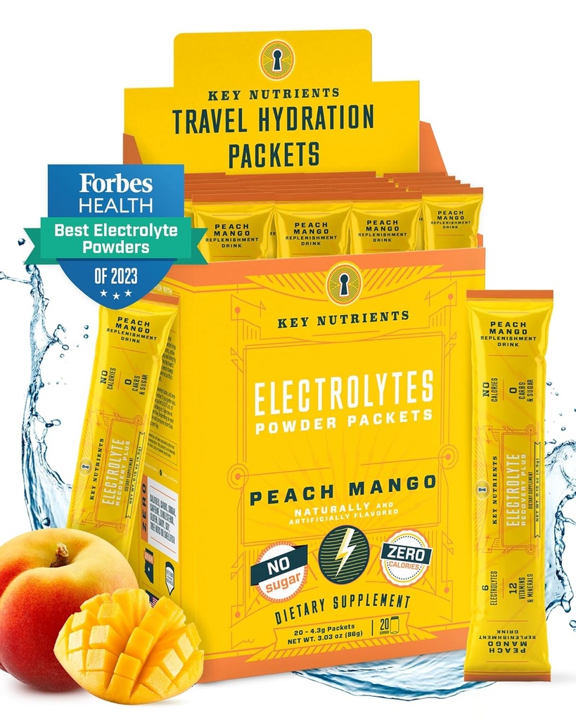 Numery KLUCZOWE Pakiety proszkowe Electrolytes - Tropikalny Peach Mango 20 Pakiety nawadniające - Proszek nawadniający podróży - Nie ma cukru, Nie ma kalorii, Gluten Free - Made in USA