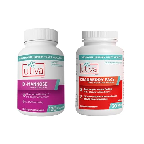 20% Bundle Utiva Cranberry PACs 30 Vegi Capsules Cranberry Supplement for Urnary Tract Health for Women and Men + Utiva D- Mannose 500mg 120 Capsules Natural Flush The Bledder and Urnary Tract