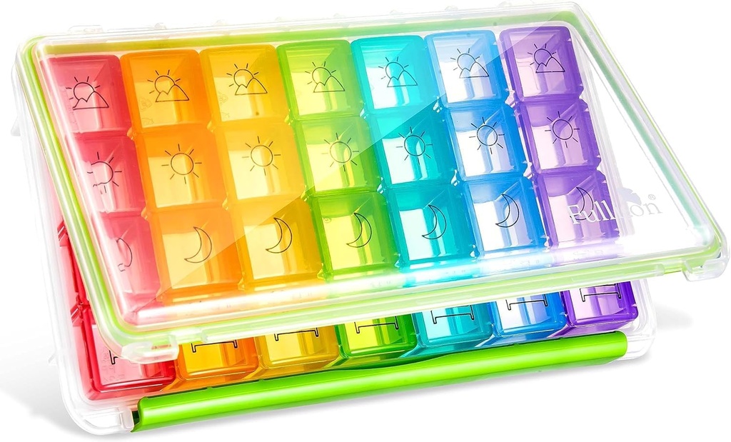 Fullicon Cotygodniowy Pill Organizator 4 razy dziennie, Pill Box 7 Dzień podróży, Moisture- Dowód Codzienne Pill Box Organizator, Duży pill Case for Medicine, Witamina, Olej rybny i suplement (jasny i zielony)